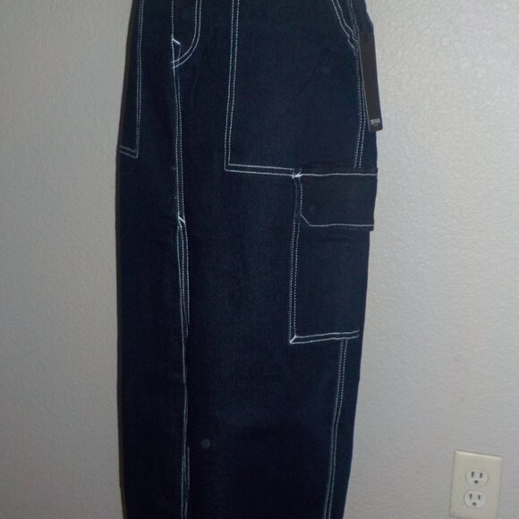 TRUE RELIGION WOMENS SIZES CARGO DARK WASH WHITE TOP STITCHED MAXI DENIM SKIRT - Picture 8 of 11